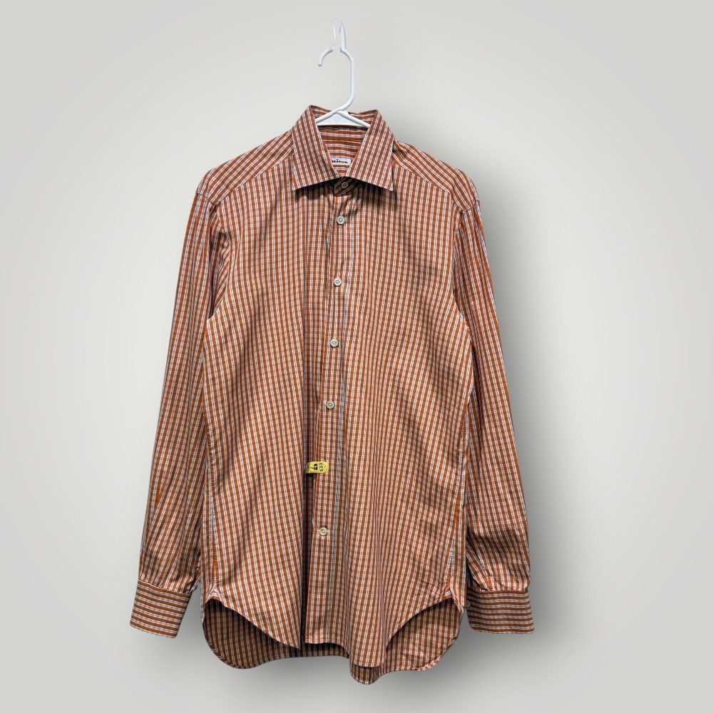 Kiton Mens Orange Blue Check Long Sleeve Cotton Dress Shirt Size 16 41 Italy
